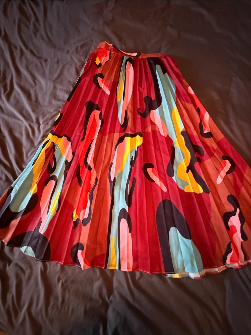 AKIRA Red Abstract Pleated Maxi Skirt with Multicolor Accents